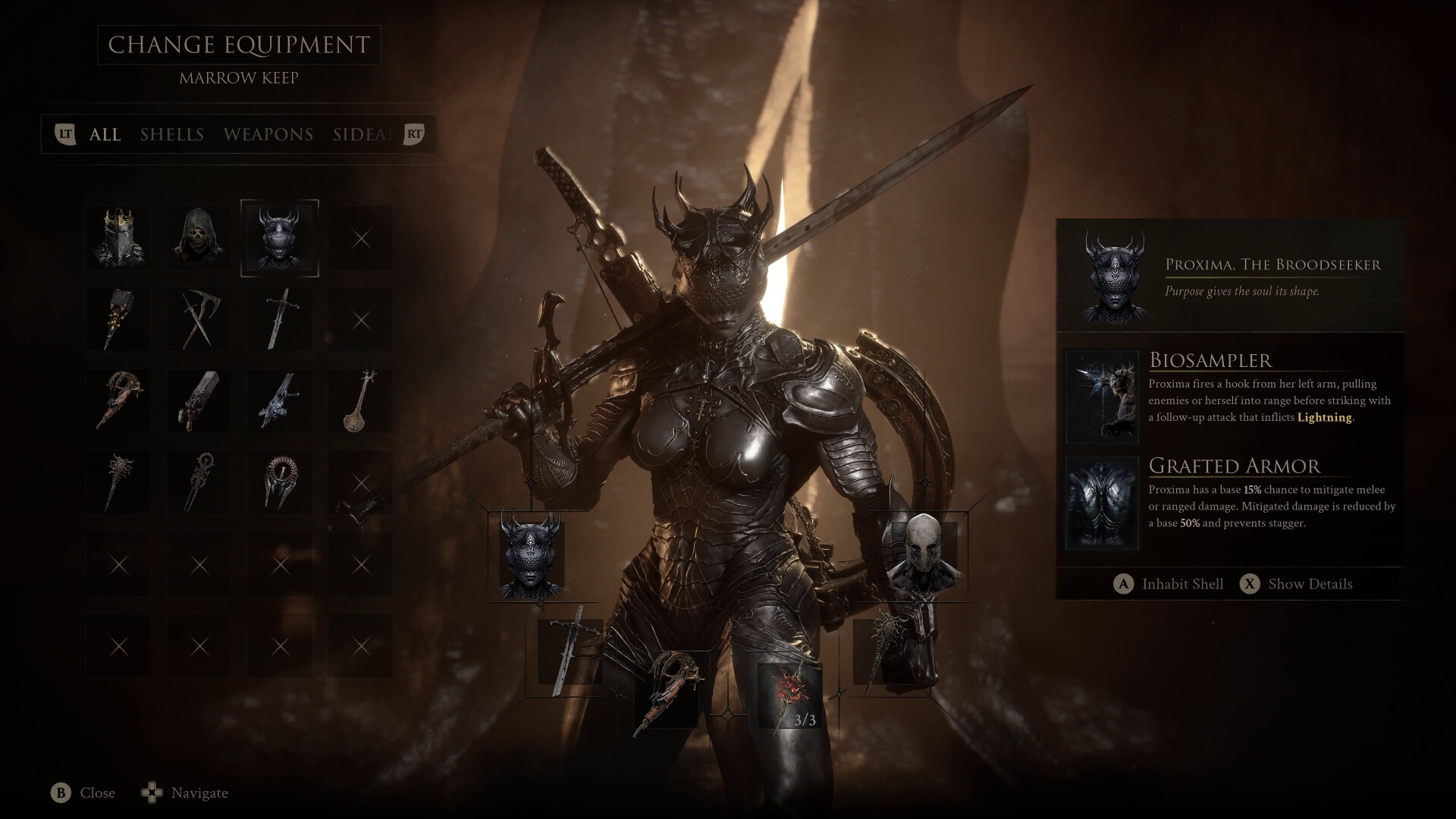Mortal Shell II equipment screen with Shell and weapon loadouts